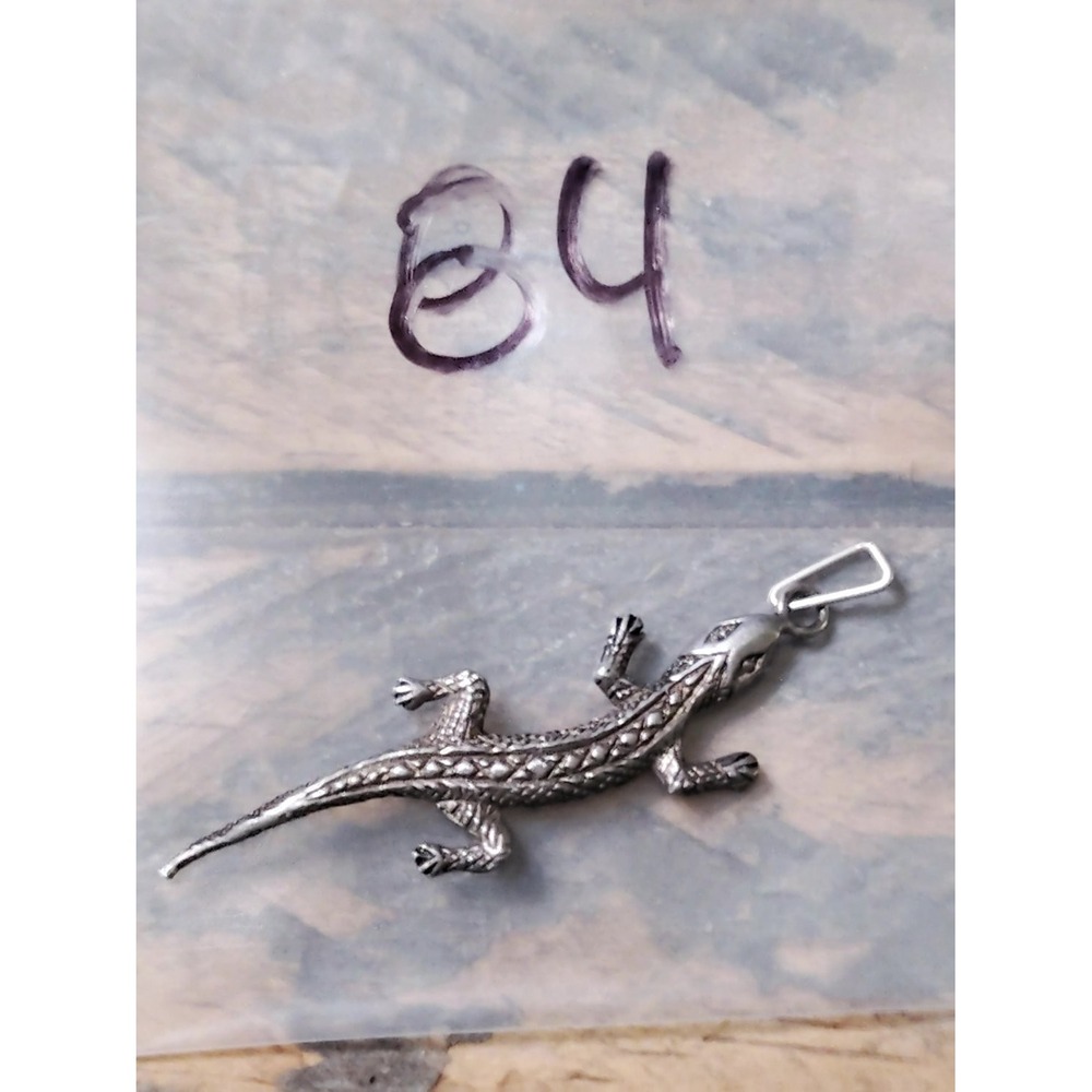 Vintage Lizard Pendant Charm Silver Hollow Back 925 Textured Scale Design